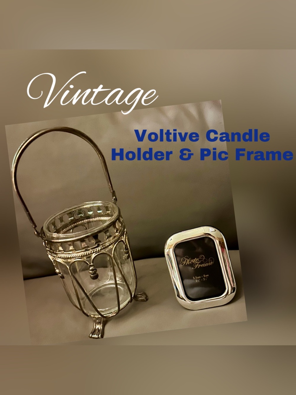 Vintage Silver Votive Candle Holder and Photo Frame Set
